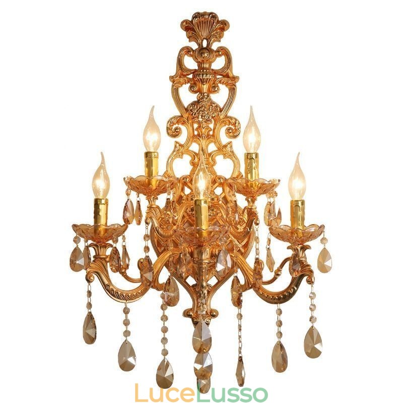 Applique da parete di cristallo di lusso europea in lega di zinco a cinque luci