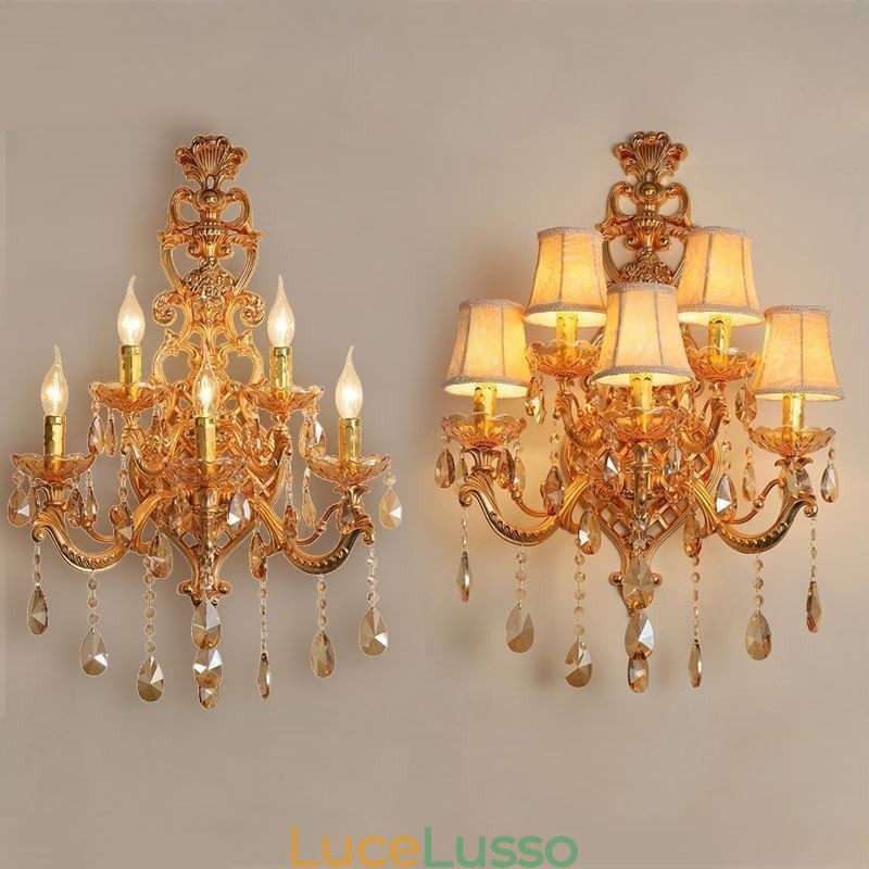 Applique da parete di cristallo di lusso europea in lega di zinco a cinque luci