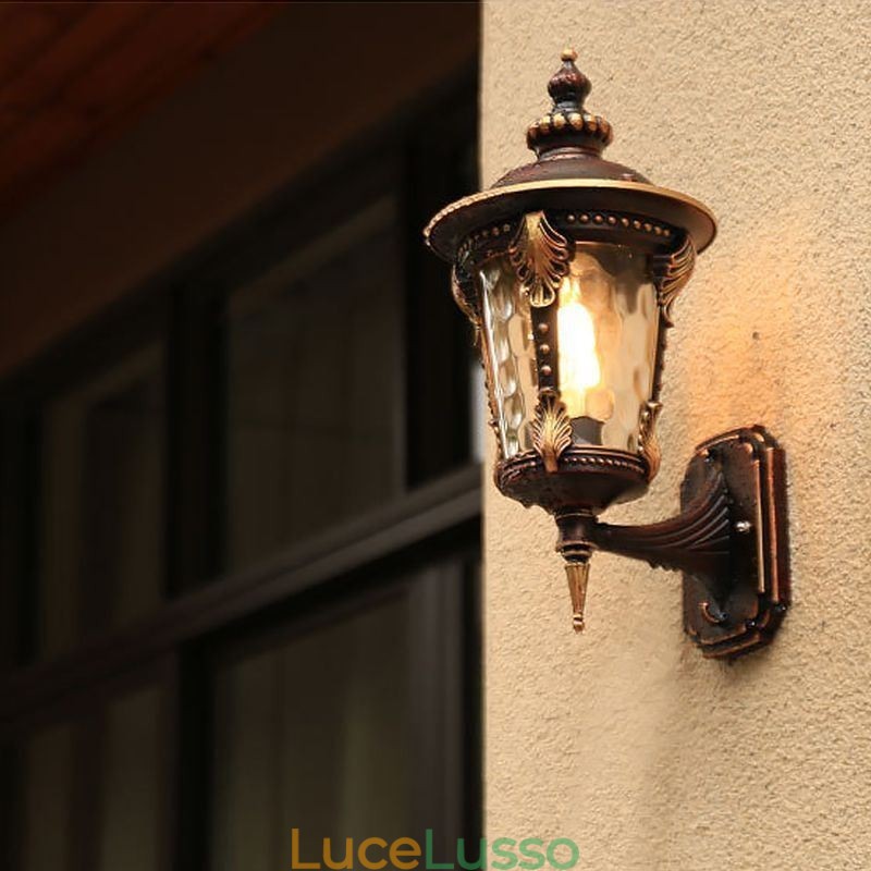 Applique da parete per esterni retrò europea impermeabile intagliata, luce da parete per giardino, balcone, cortile