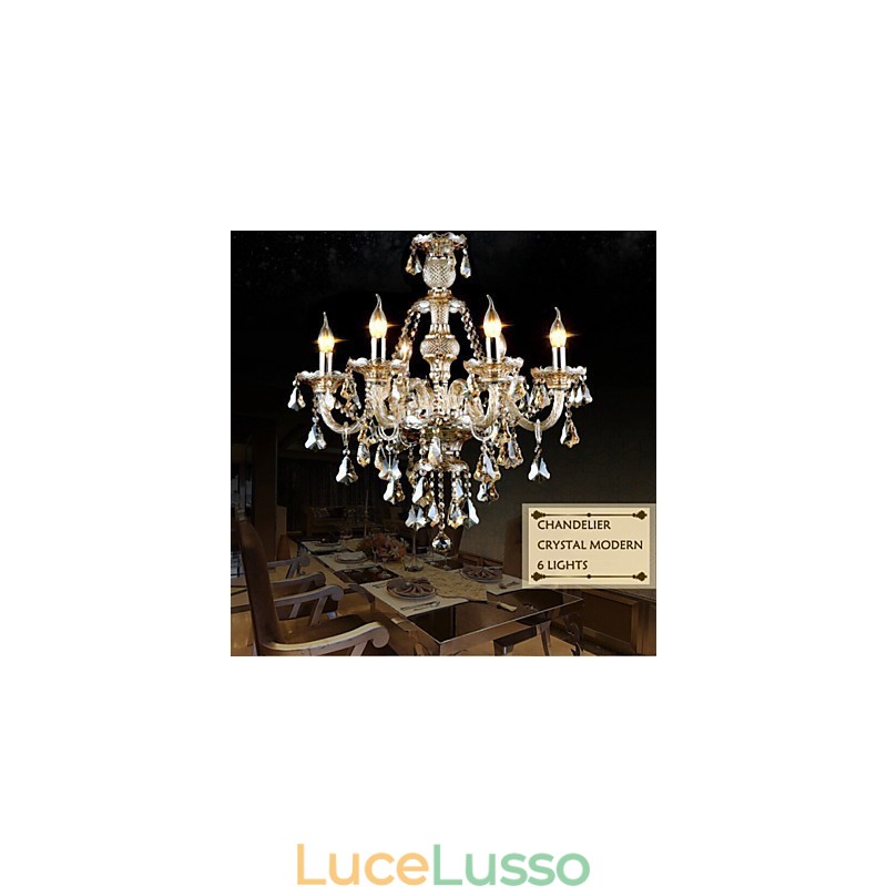 Lampadario Cognac Colore Cristallo Moderno 6 Luci Contemporaneo Vetro