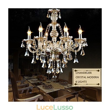 Lampadario Cognac Colore Cristallo Moderno 6 Luci Contemporaneo Vetro Lampadario Cognac Colore Cristallo Moderno 6 Luci Contemporaneo Vetro