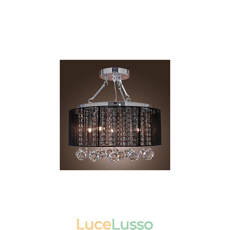 Lampada da soffitto moderna in cristallo con 5 luci e paralume in tessuto nero
