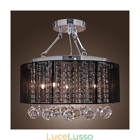 Lampada da soffitto moderna in cristallo con 5 luci e paralume in tessuto nero Lampada da soffitto moderna in cristallo con 5 luci e paralume in tessuto nero