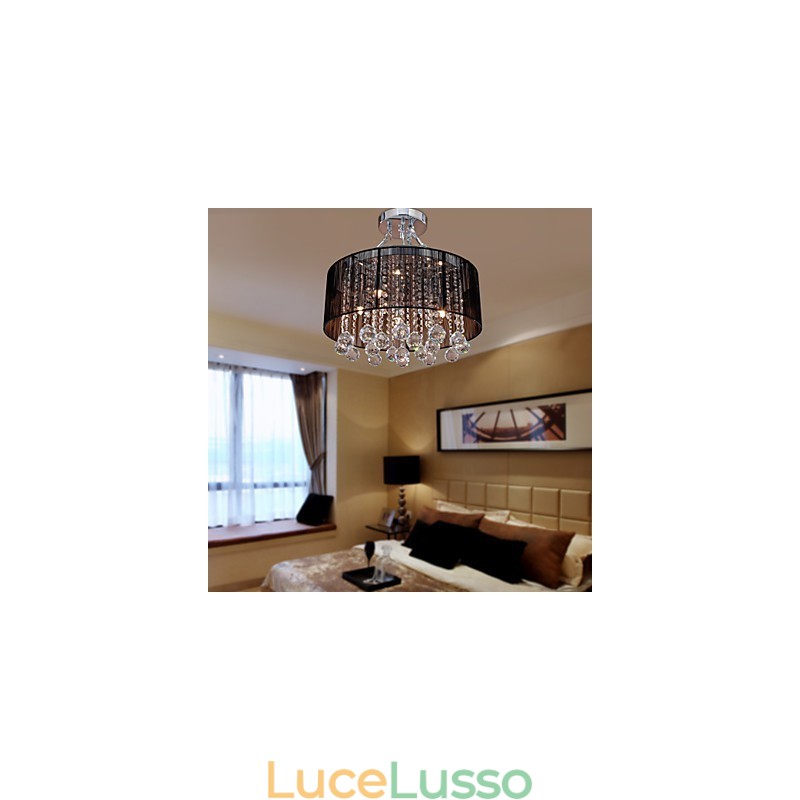 Lampada da soffitto moderna in cristallo con 5 luci e paralume in tessuto nero