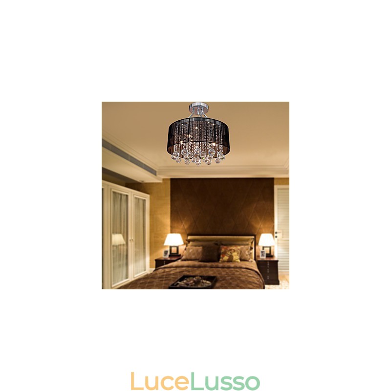 Lampada da soffitto moderna in cristallo con 5 luci e paralume in tessuto nero