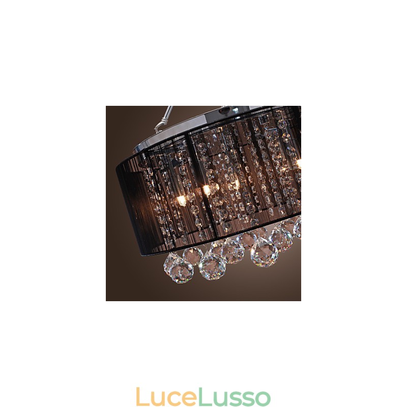 Lampada da soffitto moderna in cristallo con 5 luci e paralume in tessuto nero