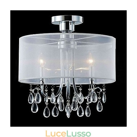 Elegante lampada da soffitto in cristallo con 3 luci in paralume in tessuto