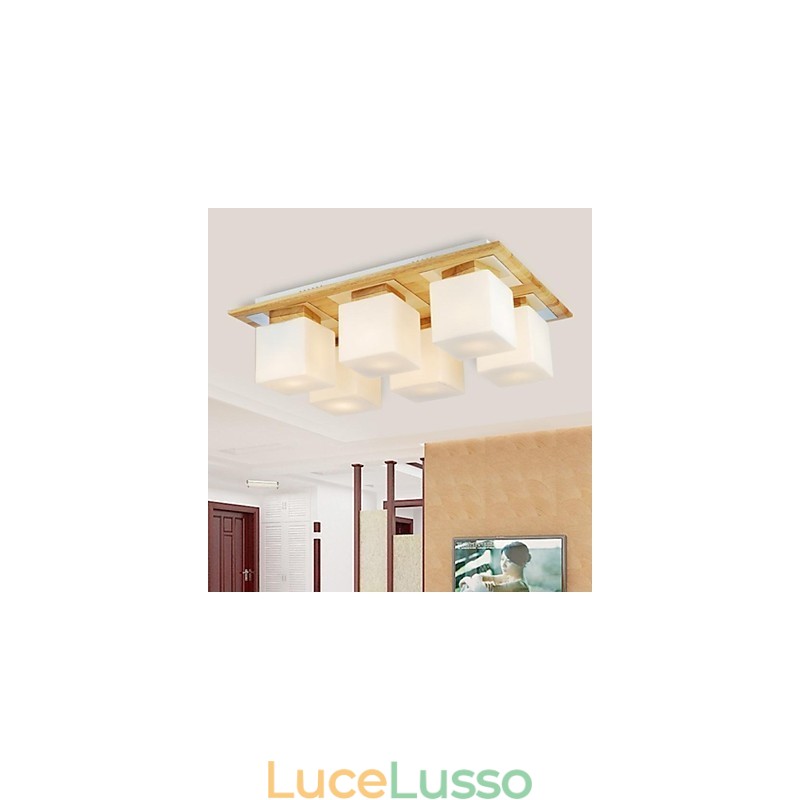 Lampada da soffitto in rovere a sei luci in rovere e vetro 220~240V