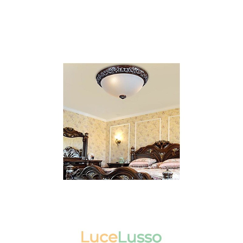 Lampada da soffitto in vetro e resina, in argento, intagliata, classica europea