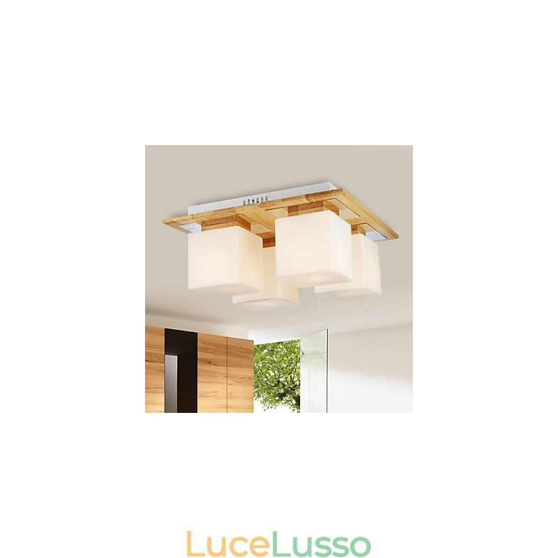 Lampada da soffitto in rovere a quattro luci in rovere e vetro 220~240V (HY9024)