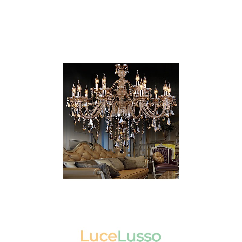 Lampadario in cristallo color cognac lusso moderno 2 livelli soggiorno 15 luci
