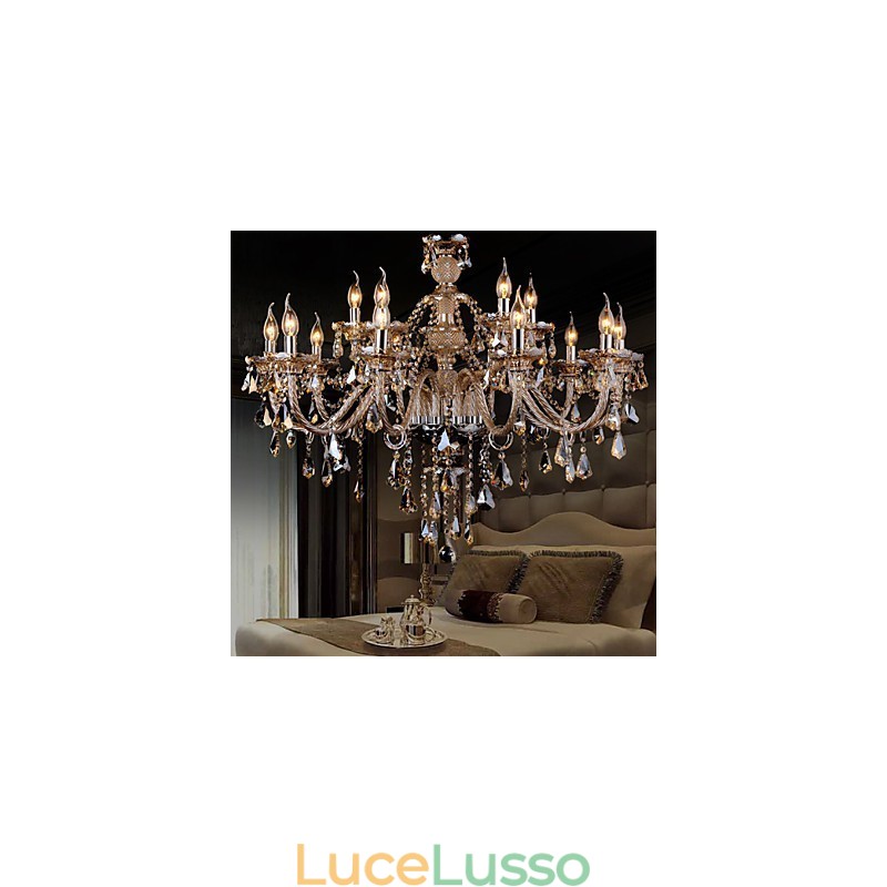 Lampadario in cristallo color cognac lusso moderno 2 livelli soggiorno 15 luci