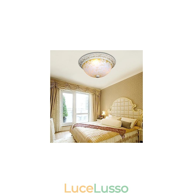 Lampada da soffitto bianca con motivo in vetro e resina, intaglio in oro, classica europea