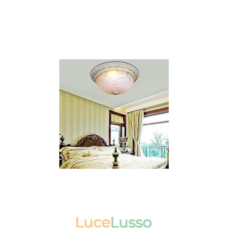 Lampada da soffitto bianca con motivo in vetro e resina, intaglio in oro, classica europea