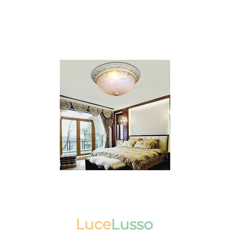 Lampada da soffitto bianca con motivo in vetro e resina, intaglio in oro, classica europea