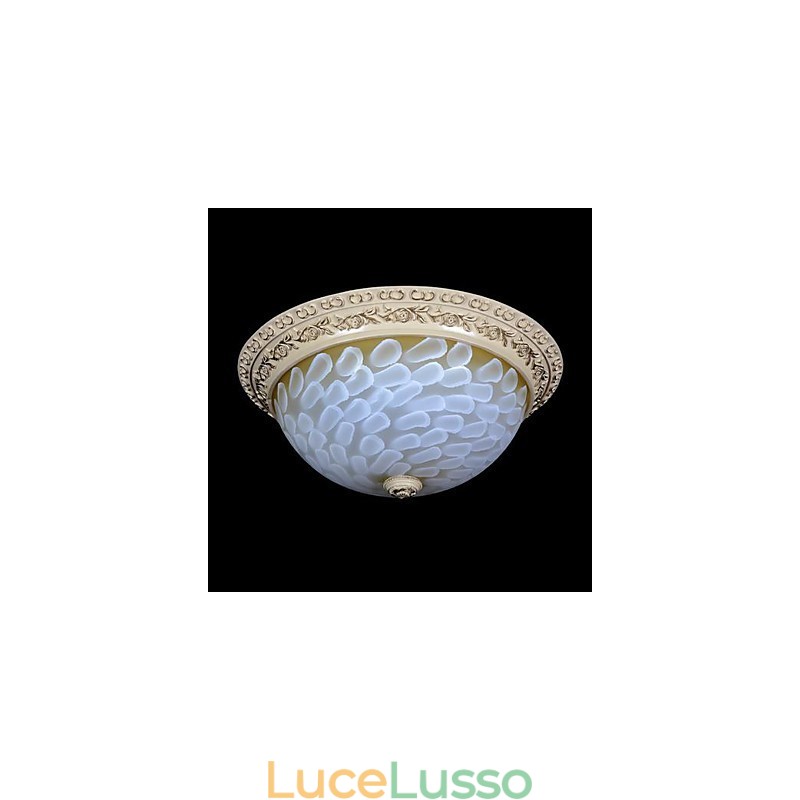 Lampada da soffitto bianca con motivo in vetro e resina, intaglio in oro, classica europea