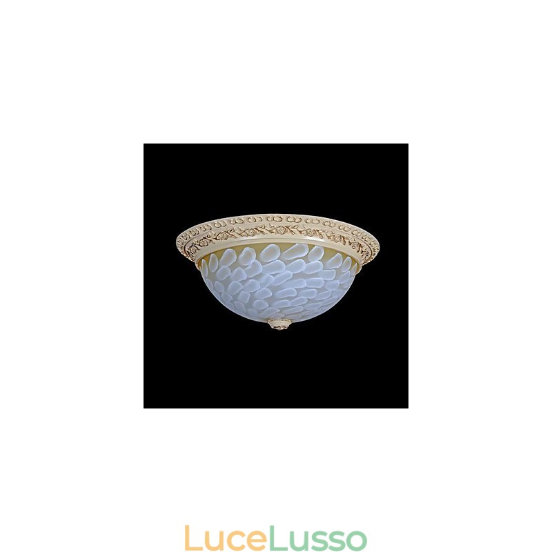 Lampada da soffitto bianca con motivo in vetro e resina, intaglio in oro, classica europea