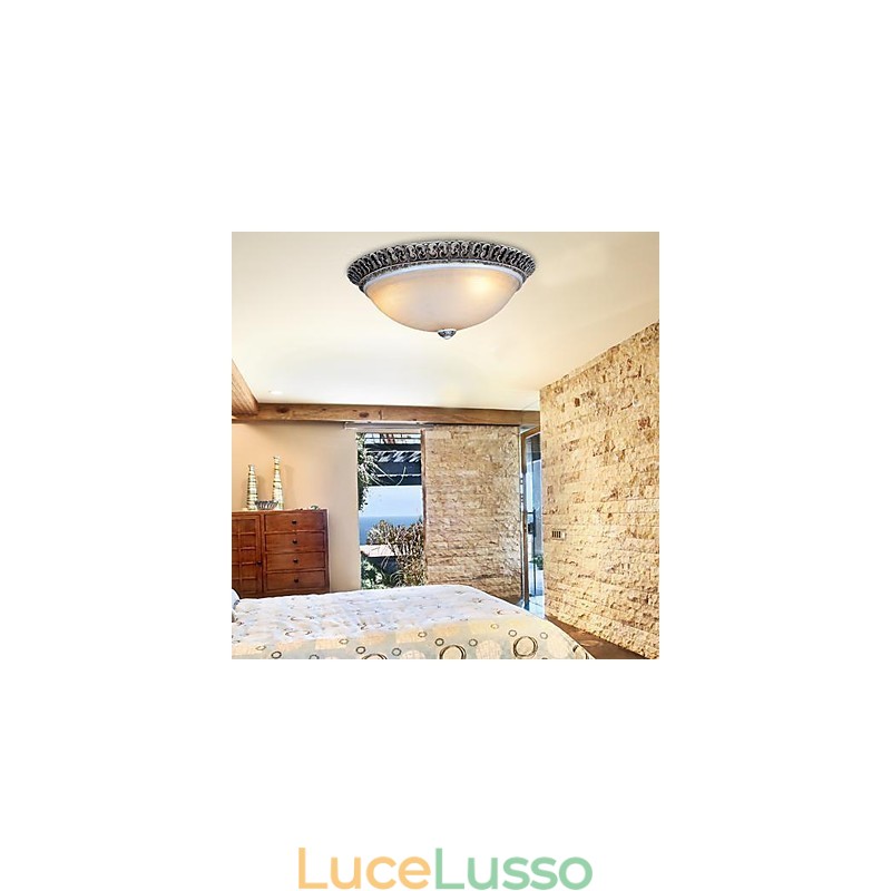 Lampada da soffitto in vetro con montatura a filo marrone scuro, motivo in resina, intaglio classico europeo