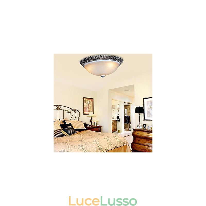 Lampada da soffitto in vetro con montatura a filo marrone scuro, motivo in resina, intaglio classico europeo