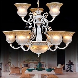 Lampadario bianco dodici luci modello paralume in vetro dorato a mano europeo retrò classico