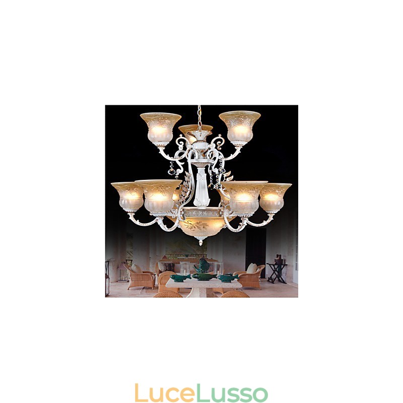 Lampadario bianco dodici luci modello paralume in vetro dorato a mano europeo retrò classico