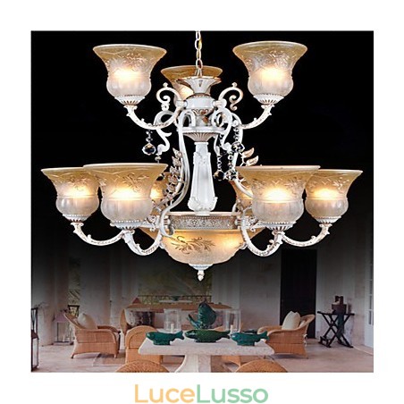 Lampadario bianco dodici luci modello paralume in vetro dorato a mano europeo retrò classico Lampadario bianco dodici luci modello paralume in vetro dorato a mano europeo retrò classico