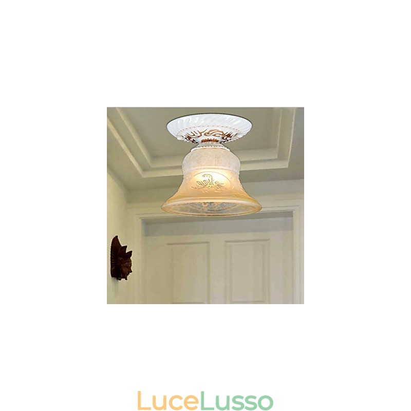 Lampada da soffitto bianca con paralume in vetro dorato a mano, stile retrò europeo classico