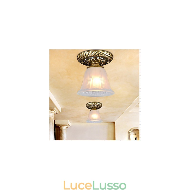 Lampada da soffitto in bronzo con paralume in vetro, modello europeo retrò classico