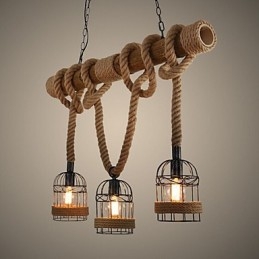 Lampadario a tre teste in corda di bambù retrò americano