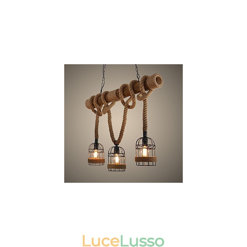 Lampadario a tre teste in corda di bambù retrò americano
