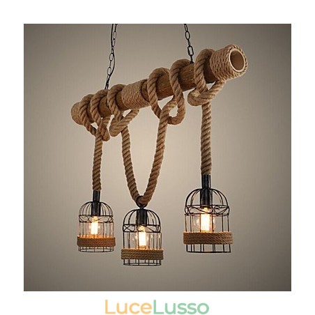 Lampadario a tre teste in corda di bambù retrò americano Lampadario a tre teste in corda di bambù retrò americano
