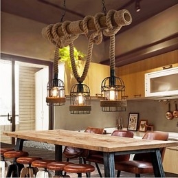 Lampadario a tre teste in corda di bambù retrò americano