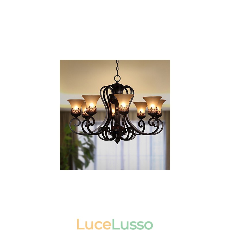 Lampadario a sospensione 8 luci Vintage Country Island metallo + vetro