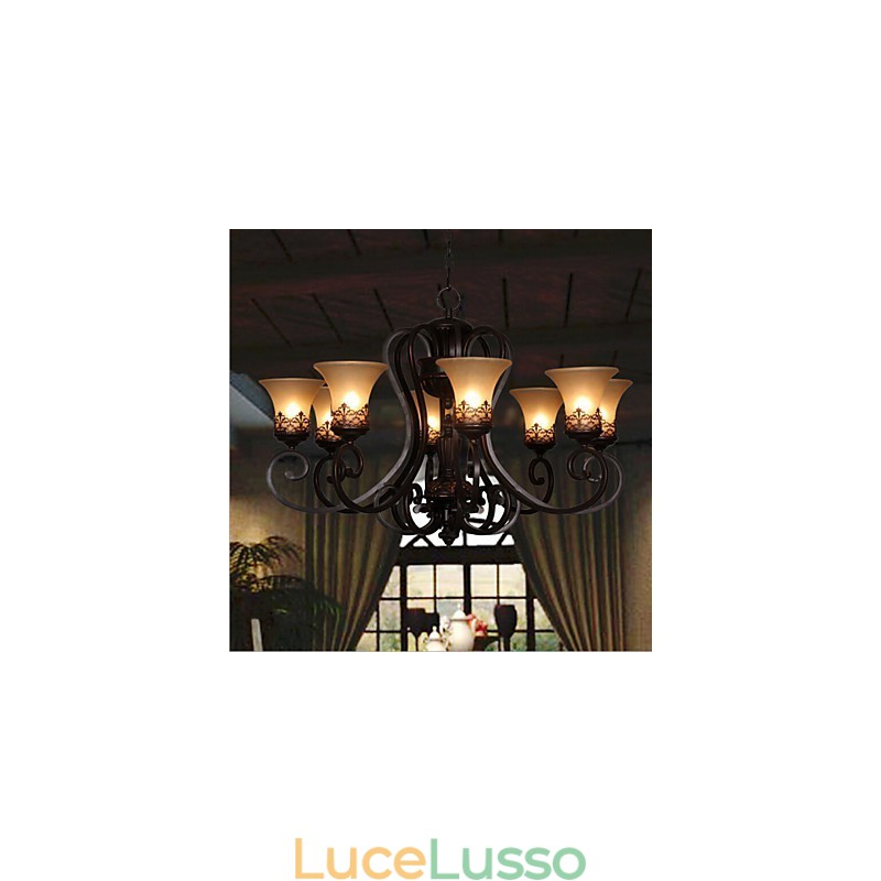 Lampadario a sospensione 8 luci Vintage Country Island metallo + vetro
