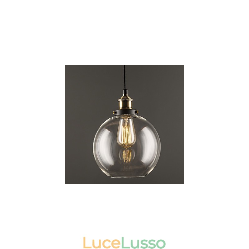 Lampada a sospensione industriale in ottone anticato con una luce, paralume in vetro, lampada a sospensione da bar