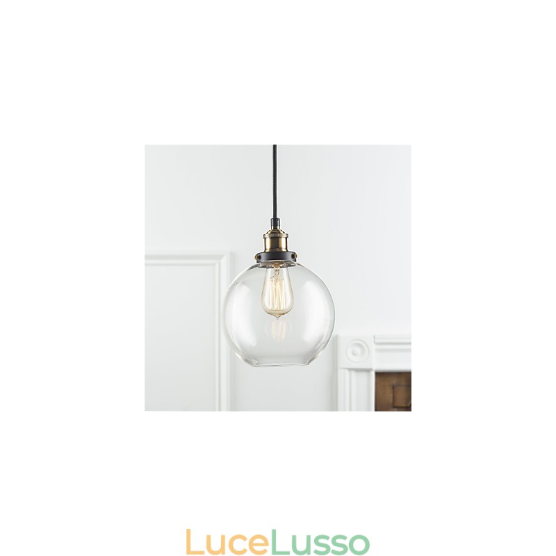 Lampada a sospensione industriale in ottone anticato con una luce, paralume in vetro, lampada a sospensione da bar