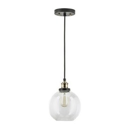 Lampada a sospensione industriale in ottone anticato con una luce, paralume in vetro, lampada a sospensione da bar