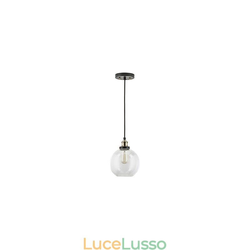 Lampada a sospensione industriale in ottone anticato con una luce, paralume in vetro, lampada a sospensione da bar