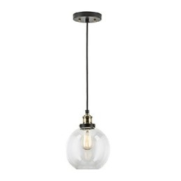 Lampada a sospensione industriale in ottone anticato con una luce, paralume in vetro, lampada a sospensione da bar