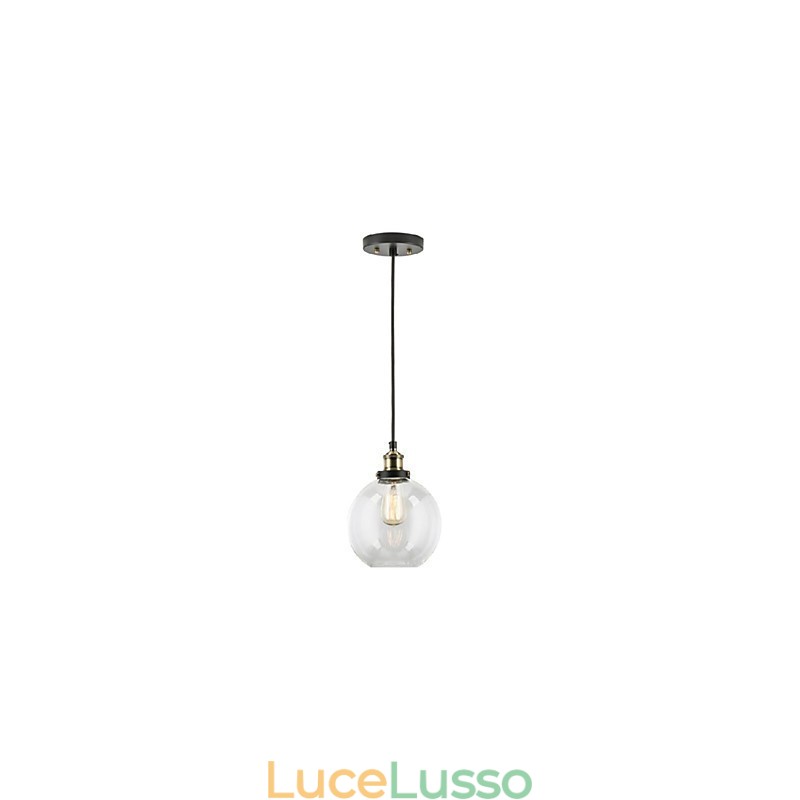 Lampada a sospensione industriale in ottone anticato con una luce, paralume in vetro, lampada a sospensione da bar