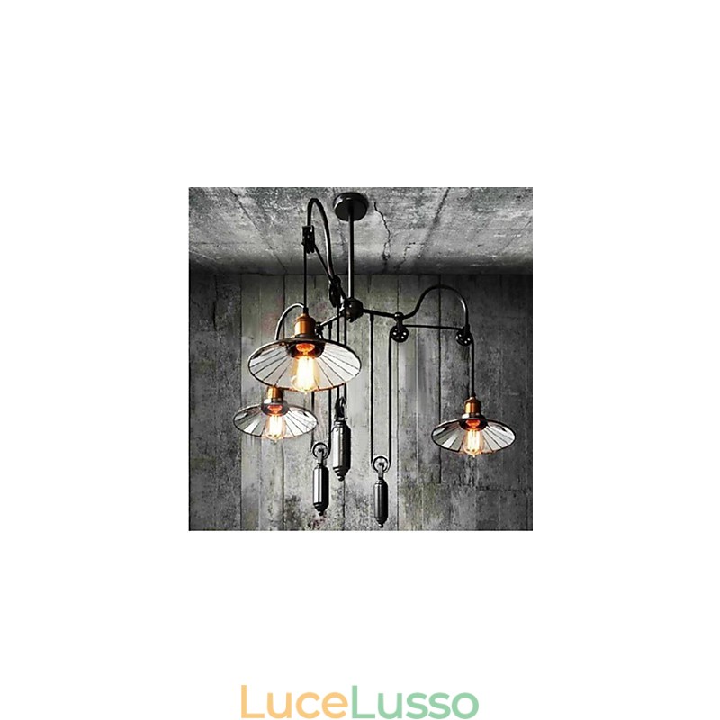 Lampada a sospensione vintage Pully 3 Island Foyer in metallo + paralume interno in vetro
