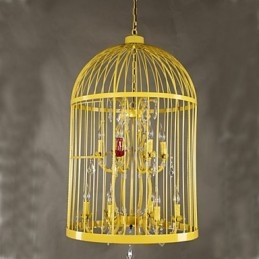 Lampadario vintage in cristallo con gabbia in ferro per scale