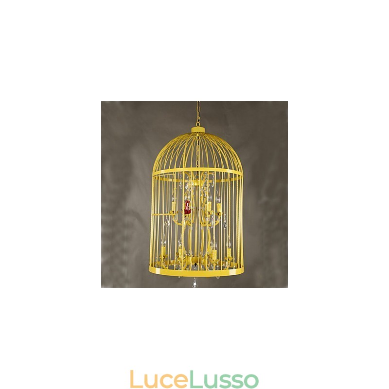 Lampadario vintage in cristallo con gabbia in ferro per scale