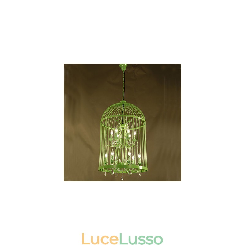 Lampadario vintage in cristallo con gabbia in ferro per scale