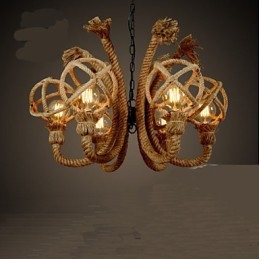 Lampadario rurale americano in corda di canapa e ferro d'epoca