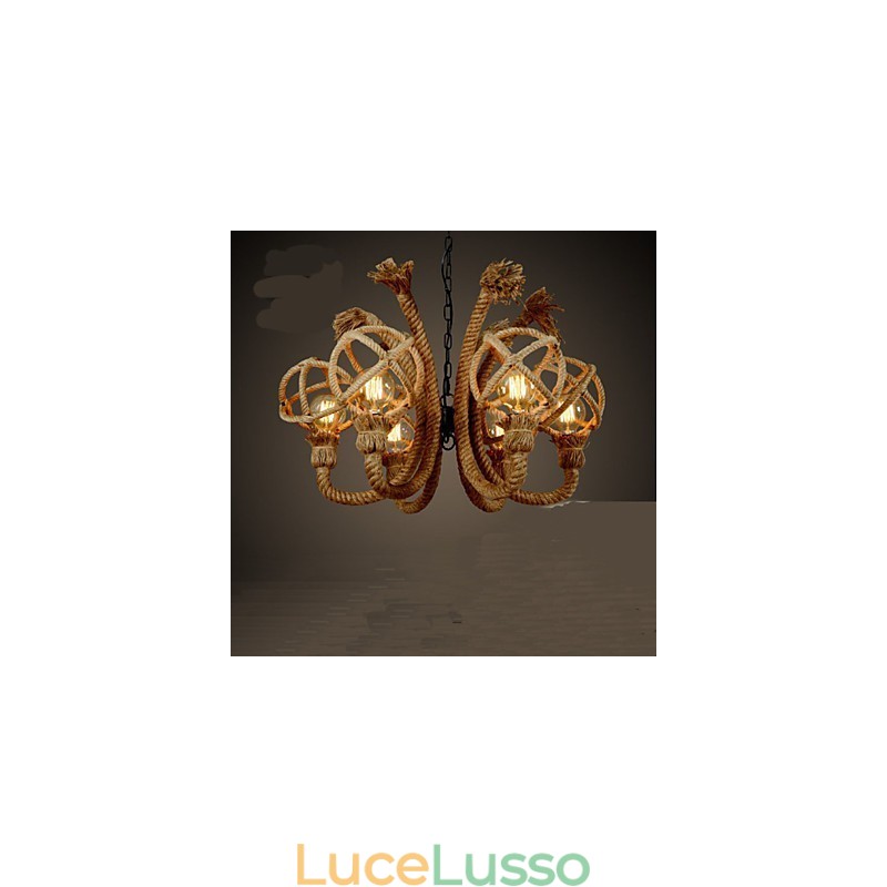 Lampadario rurale americano in corda di canapa e ferro d'epoca