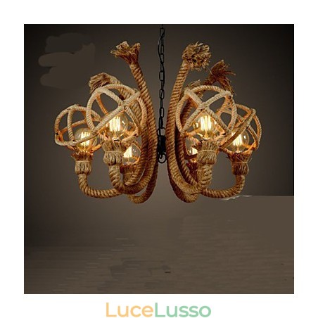 Lampadario rurale americano in corda di canapa e ferro d'epoca Lampadario rurale americano in corda di canapa e ferro d'epoca
