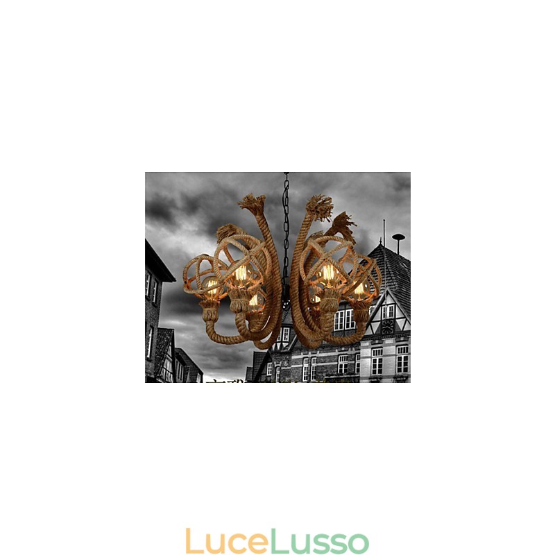 Lampadario rurale americano in corda di canapa e ferro d'epoca