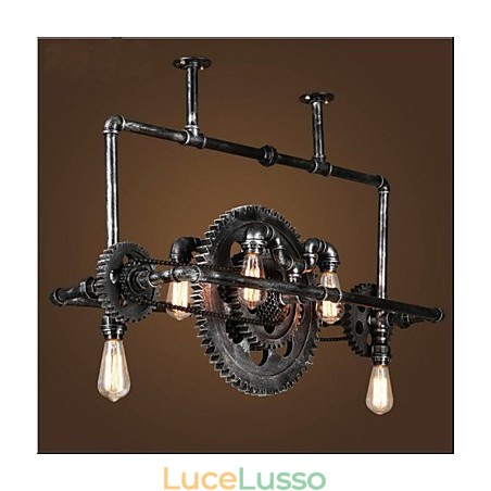 Lampadario in tubo di ferro Lampada a sospensione con ingranaggio eolico industriale Lampadario in tubo di ferro Lampada a sospensione con ingranaggio eolico industriale