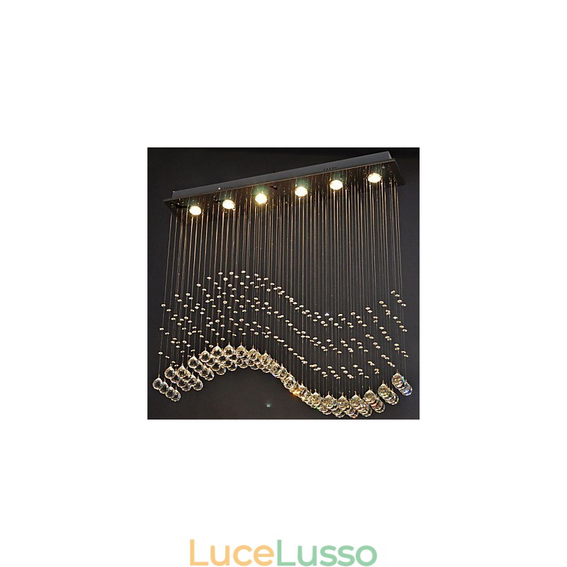 Lampada a sospensione 6 luci moderna argento baldacchino cristallo trasparente onde apparecchi di illuminazione da soffitto